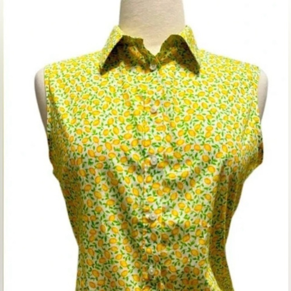 Lands' End Yellow Citrus Print Sleeveless Button-Up Blouse